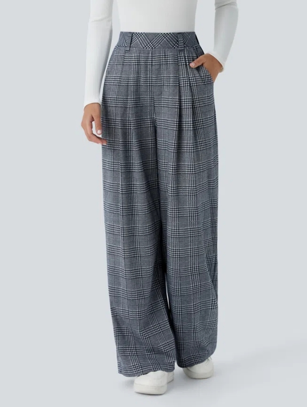 High Waisted Pocket Wide Leg Houndstooth Plaid Casual Pants